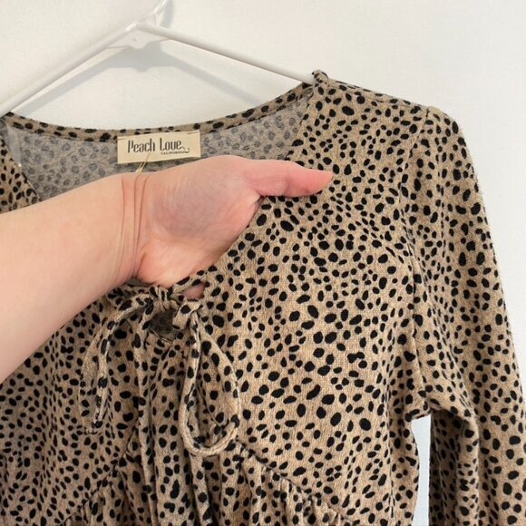 NEW NWT PEACH LOVE CALIFORNIA Tan Brown Black Dotted Long Bell Sleeve Blouse S - Picture 8 of 14